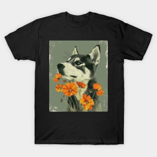 Husky Dog Flowers Photo Art Design For Dog Onwer T-Shirt